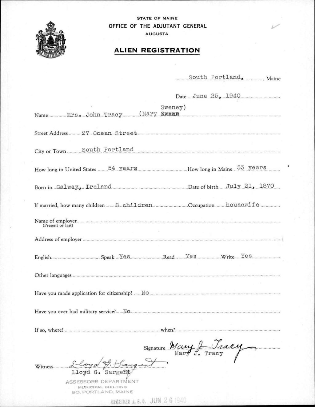 Miniature of Alien Registration- Sweny, Mary (South Portland, Cumberland County)