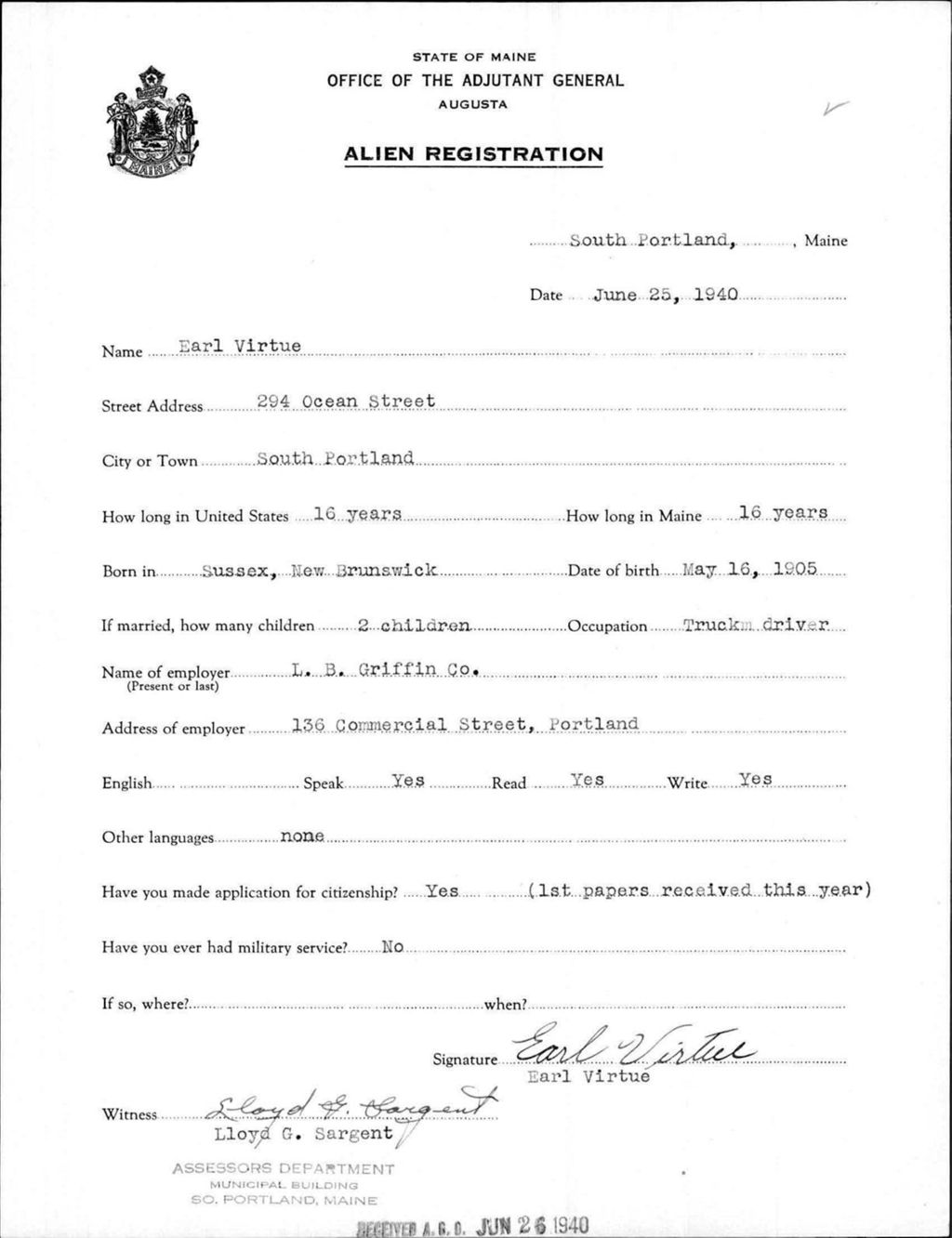 Miniature of Alien Registration- Virtue, Earl (South Portland, Cumberland County)