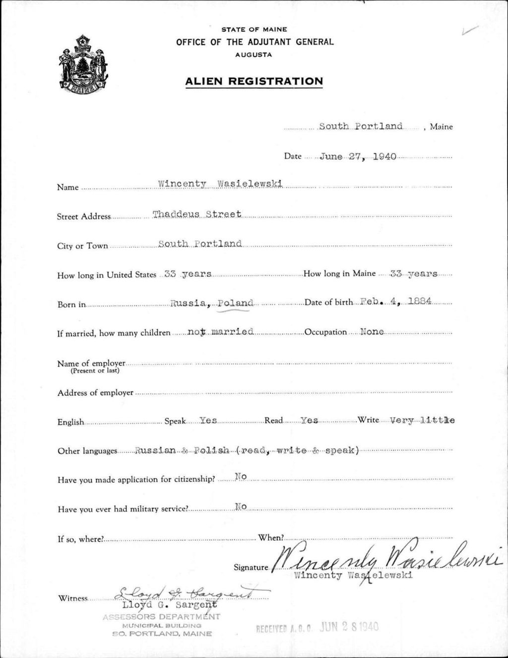 Miniature of Alien Registration- Wasielewski, Wincenty (South Portland, Cumberland County)
