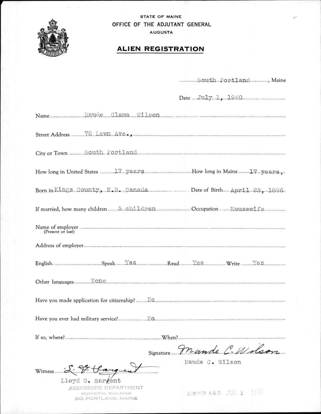 Miniature of Alien Registration- Clama, Maude (South Portland, Cumberland County)