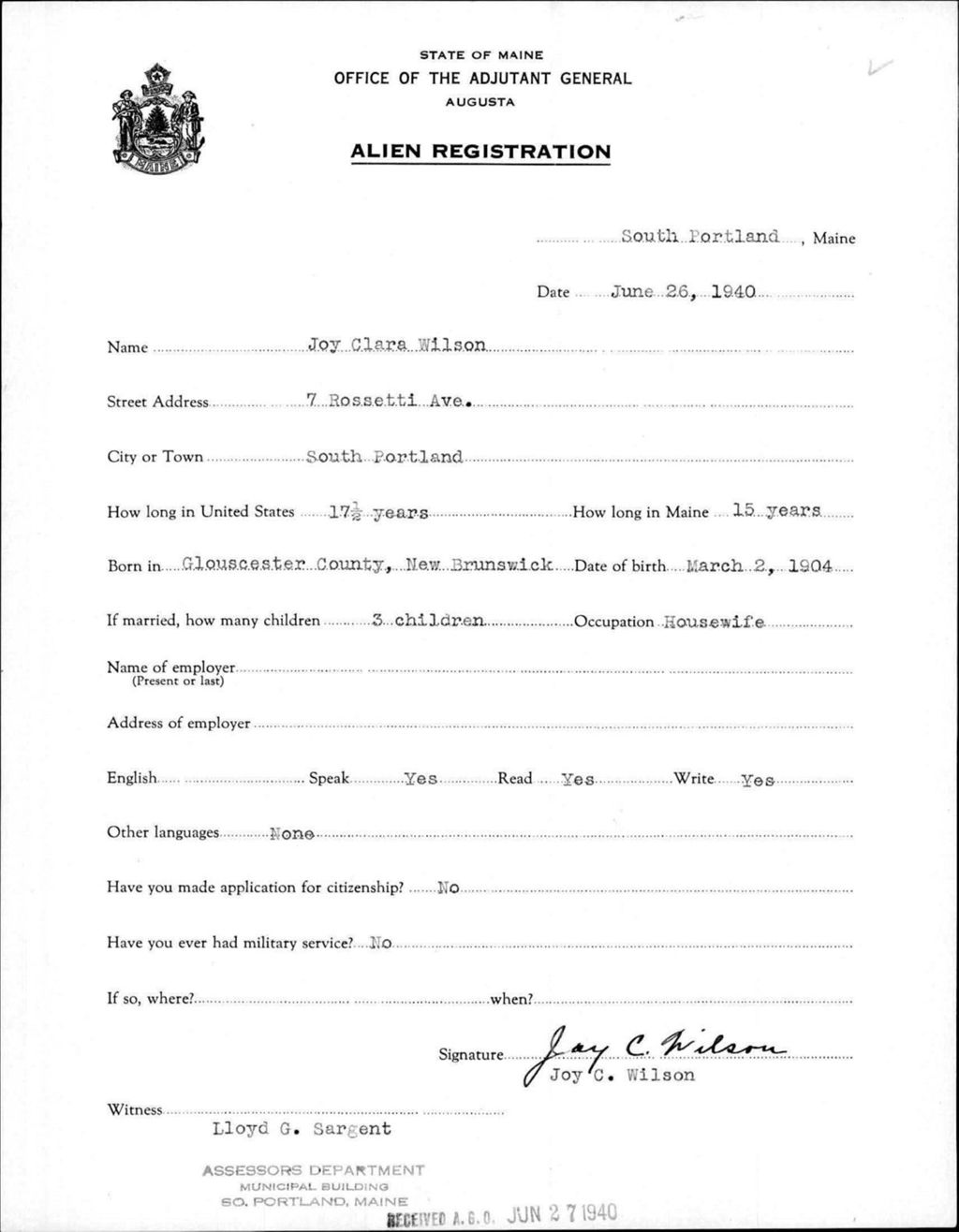 Miniature of Alien Registration- Wilson, Joy C. (South Portland, Cumberland County)