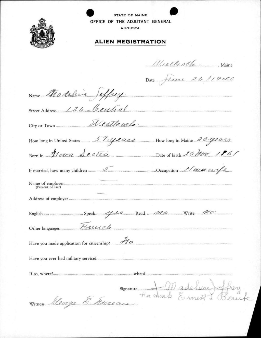 Miniature of Alien Registration- Jeffrey, Madeline (Westbrook, Cumberland County)
