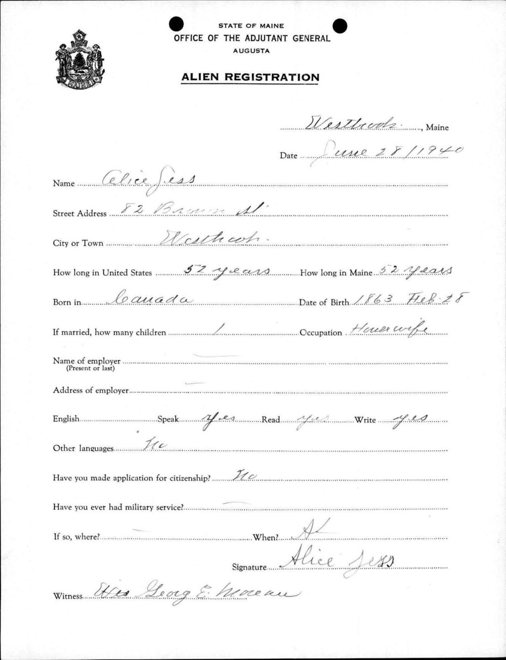 Miniature of Alien Registration- Jess, Alice (Westbrook, Cumberland County)