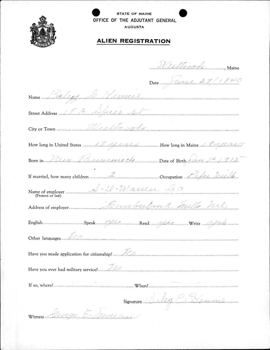 Miniature of Alien Registration- Kennie, Perley C. (Westbrook, Cumberland County)