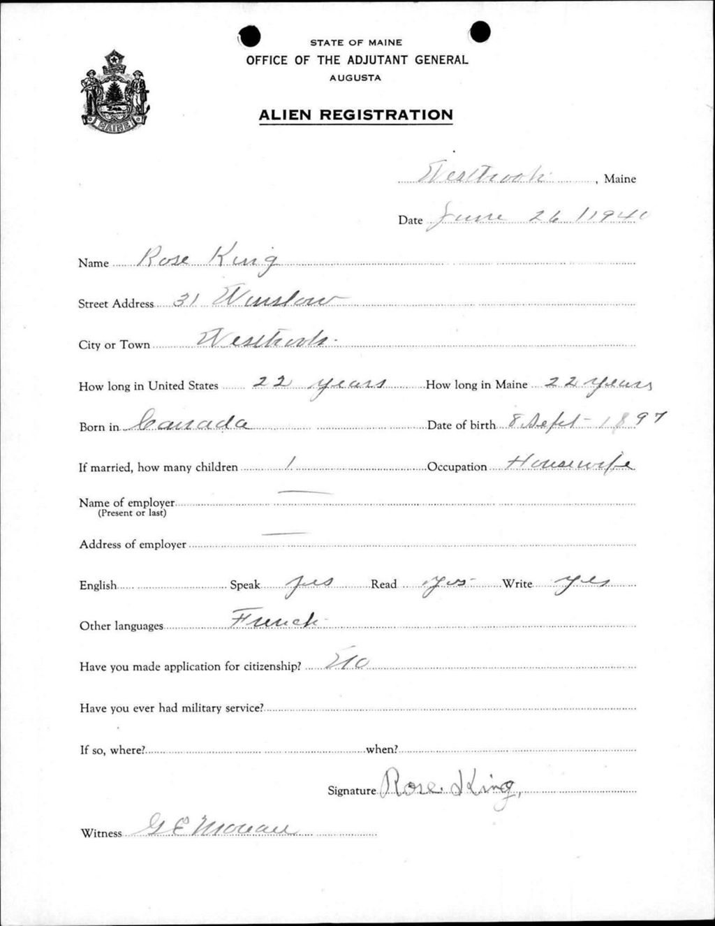 Miniature of Alien Registration- King, Rose (Westbrook, Cumberland County)