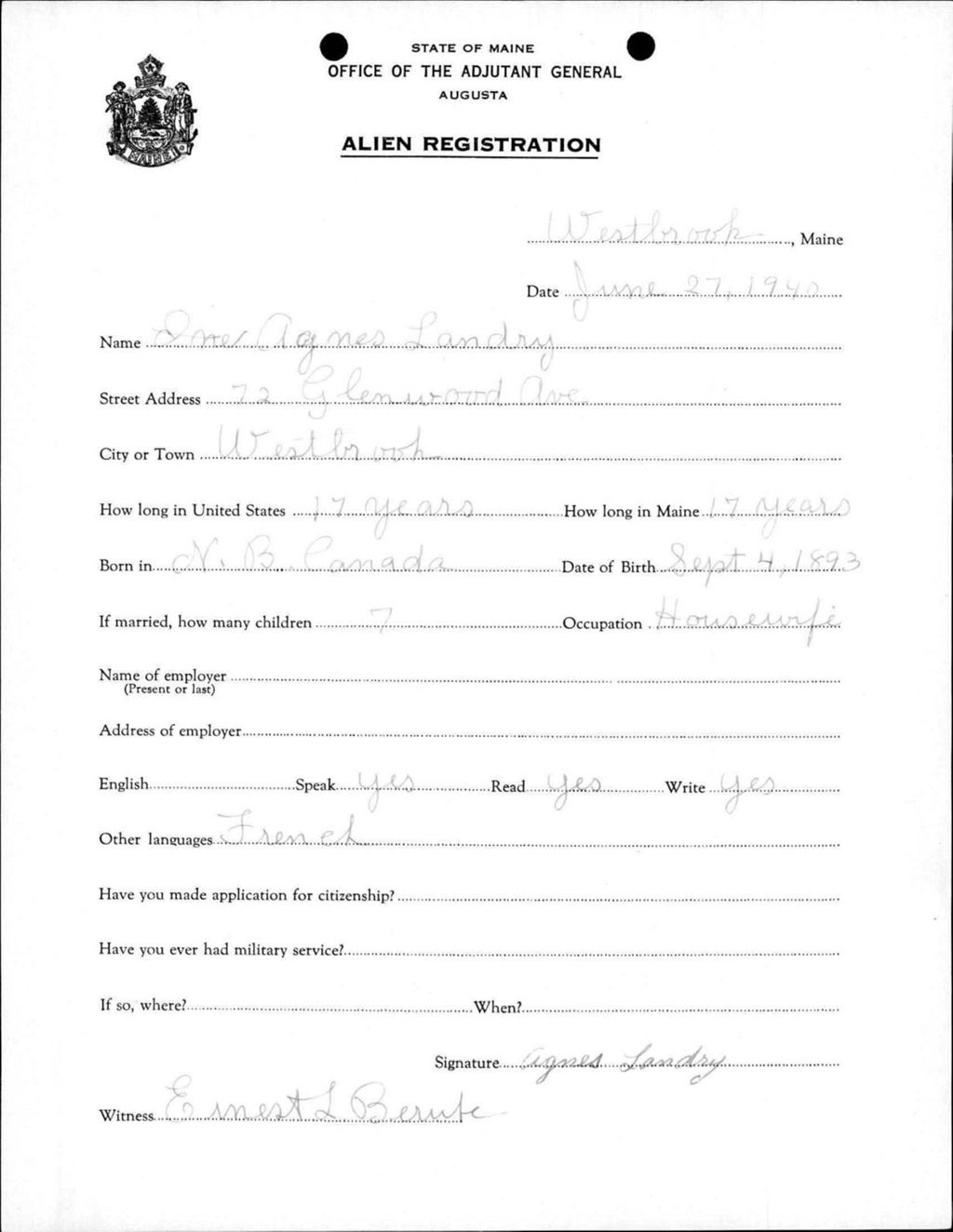 Miniature of Alien Registration- Landry, Agnes (Westbrook, Cumberland County)