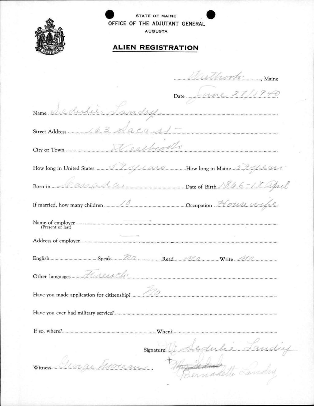 Miniature of Alien Registration- Landry, Sedulie (Westbrook, Cumberland County)