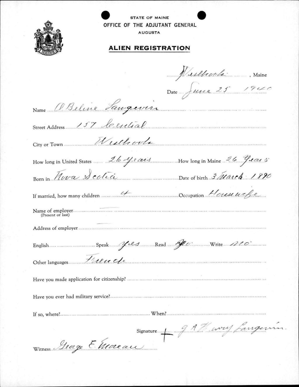 Miniature of Alien Registration- Langerin, A Beline (Westbrook, Cumberland County)
