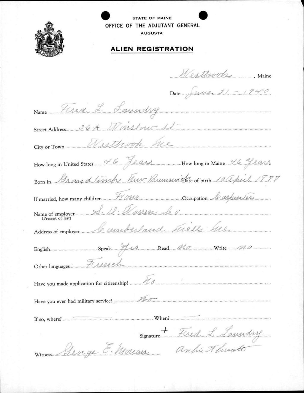 Miniature of Alien Registration- Laundry, Fred L. (Westbrook, Cumberland County)