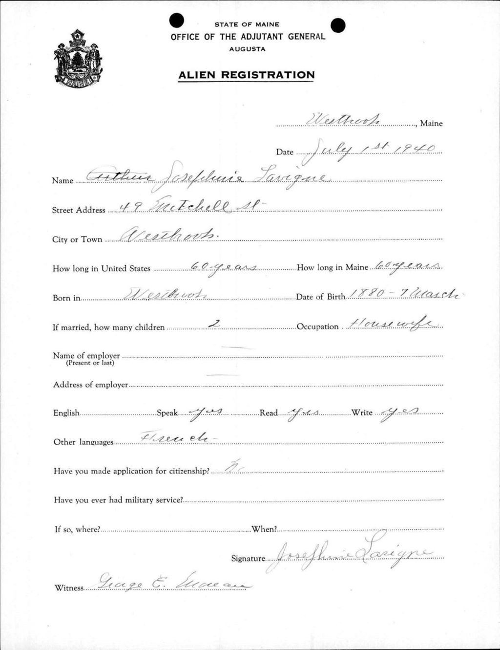 Miniature of Alien Registration- Lavigue, Josephine (Westbrook, Cumberland County)