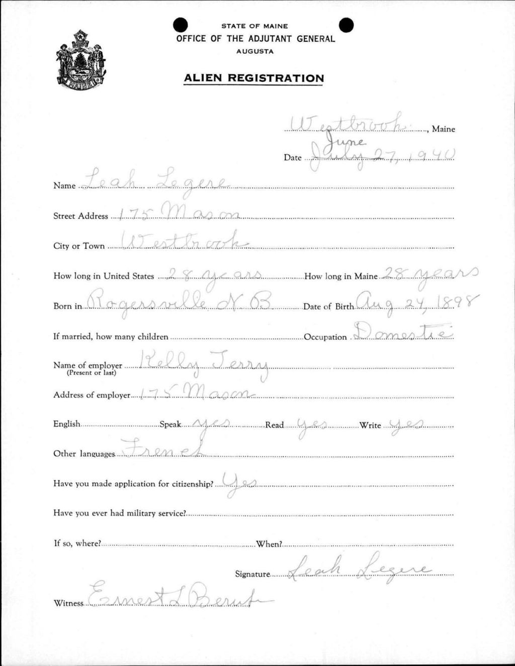 Miniature of Alien Registration- Legere, Leah (Westbrook, Cumberland County)