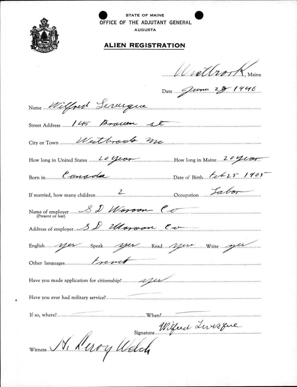 Miniature of Alien Registration- Levesque, Wilfred (Westbrook, Cumberland County)