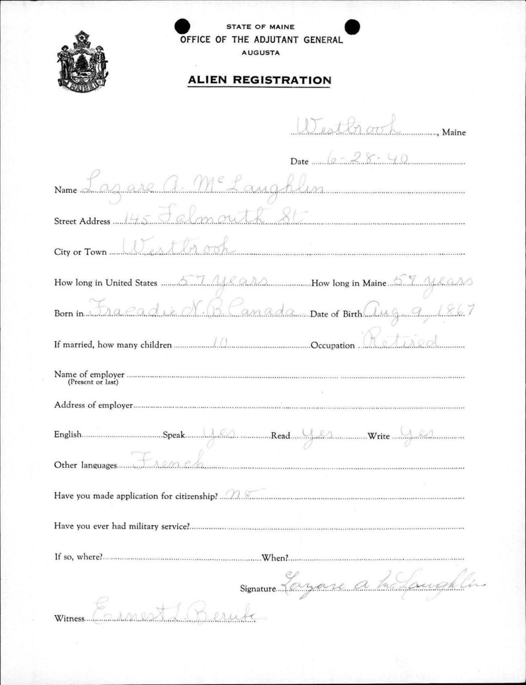 Miniature of Alien Registration- Mclaughlin, Lazare A. (Westbrook, Cumberland County)