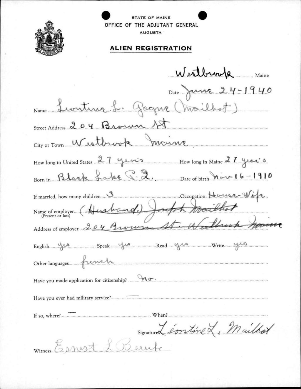 Miniature of Alien Registration- Gagne, Leontine L. (Westbrook, Cumberland County)