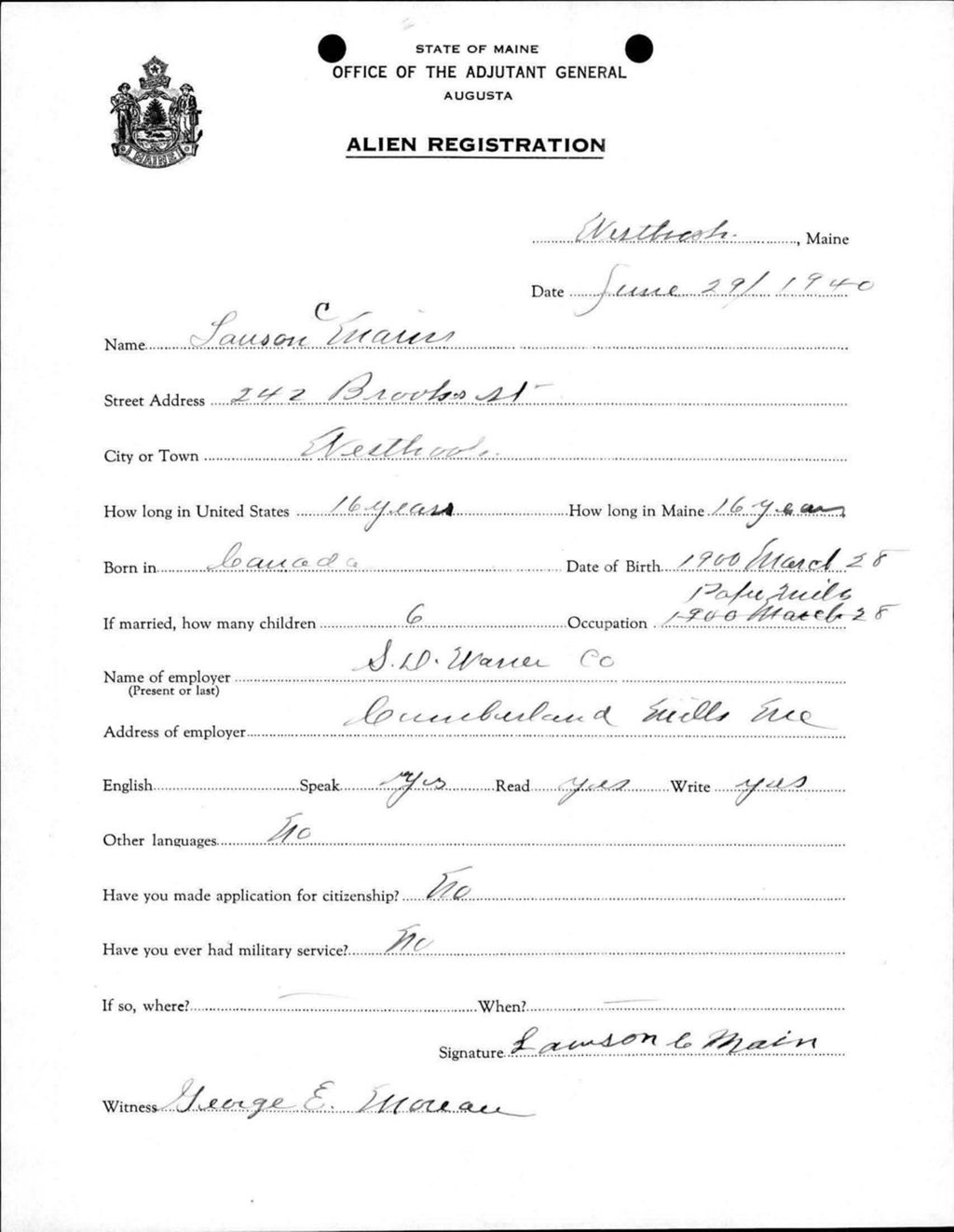 Miniature of Alien Registration- Main, Lawson C. (Westbrook, Cumberland County)