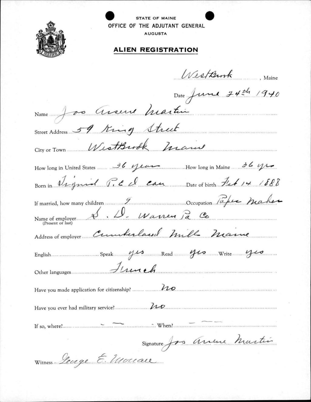 Miniature of Alien Registration- Martin, Joseph A. (Westbrook, Cumberland County)