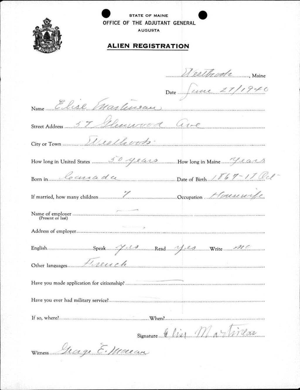 Miniature of Alien Registration- Martineau, Elise (Westbrook, Cumberland County)