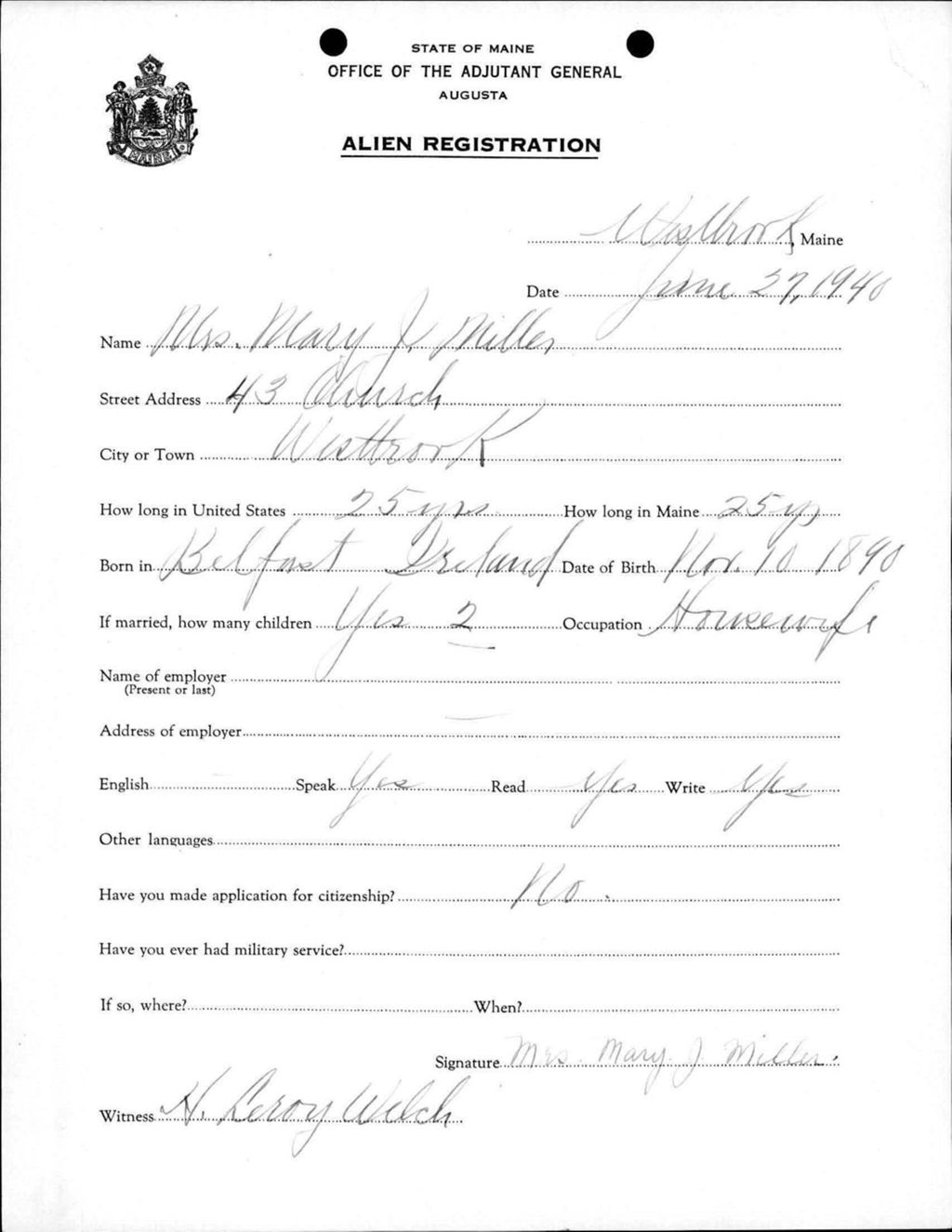 Miniature of Alien Registration- Miller, Mary J. (Westbrook, Cumberland County)
