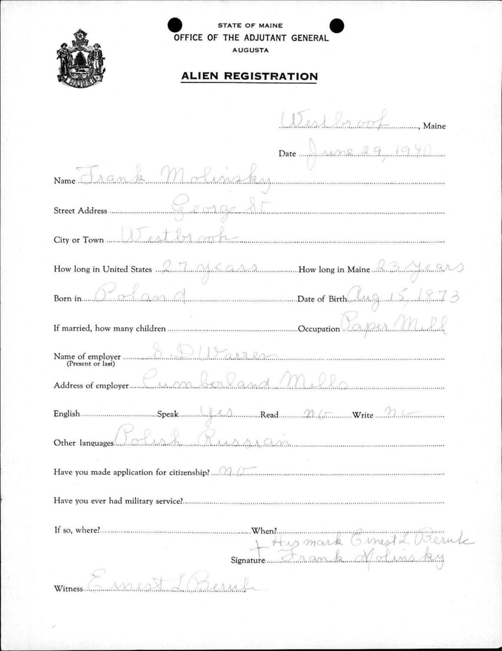 Miniature of Alien Registration- Molinsky, Frank (Westbrook, Cumberland County)