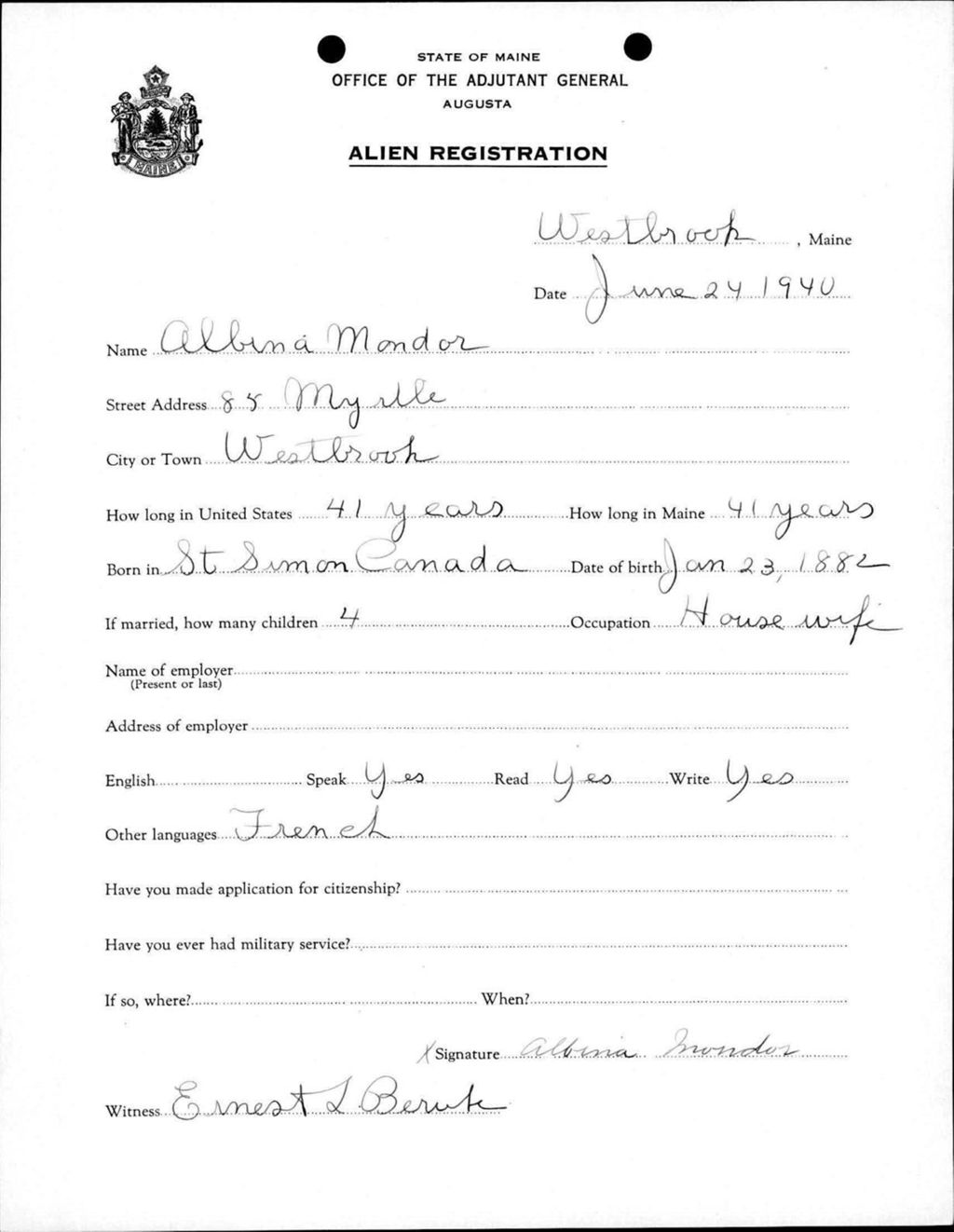 Miniature of Alien Registration- Mondor, Albina (Westbrook, Cumberland County)