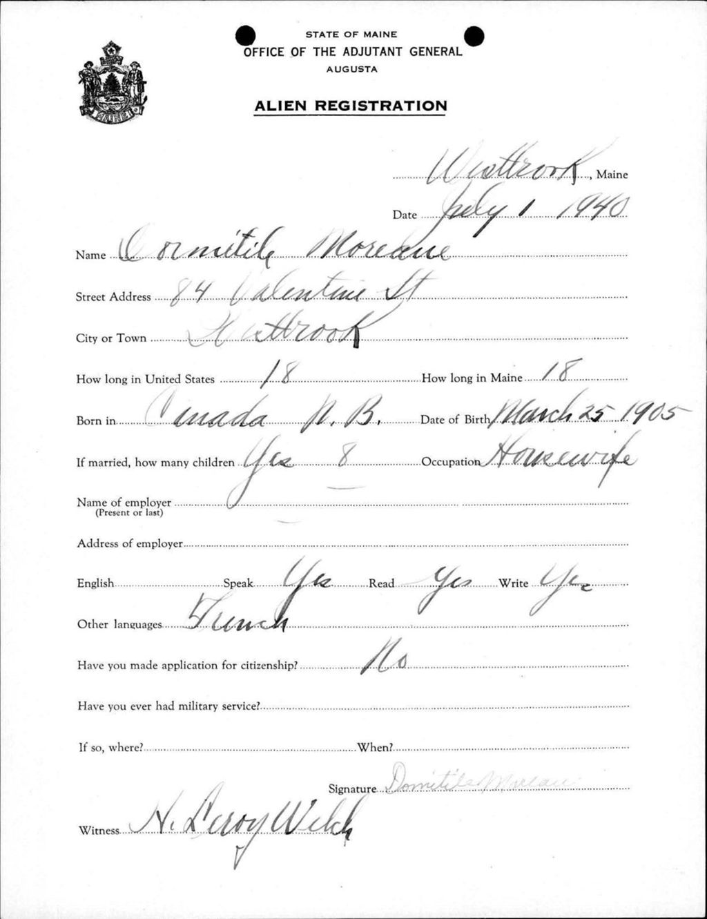 Miniature of Alien Registration- Moreau, Domitile (Westbrook, Cumberland County)