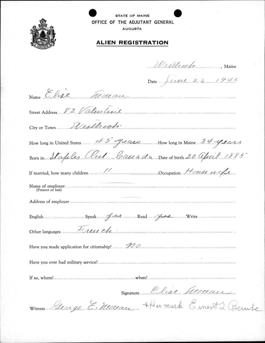 Miniature of Alien Registration- Moreau, Elise (Westbrook, Cumberland County)