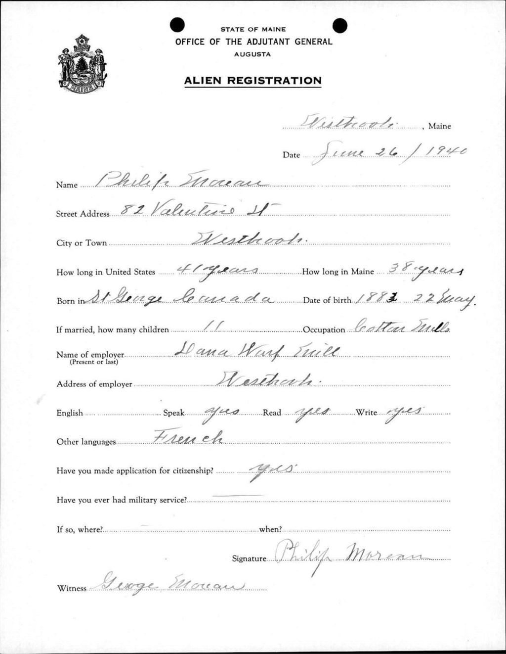 Miniature of Alien Registration- Moreau, Philip (Westbrook, Cumberland County)