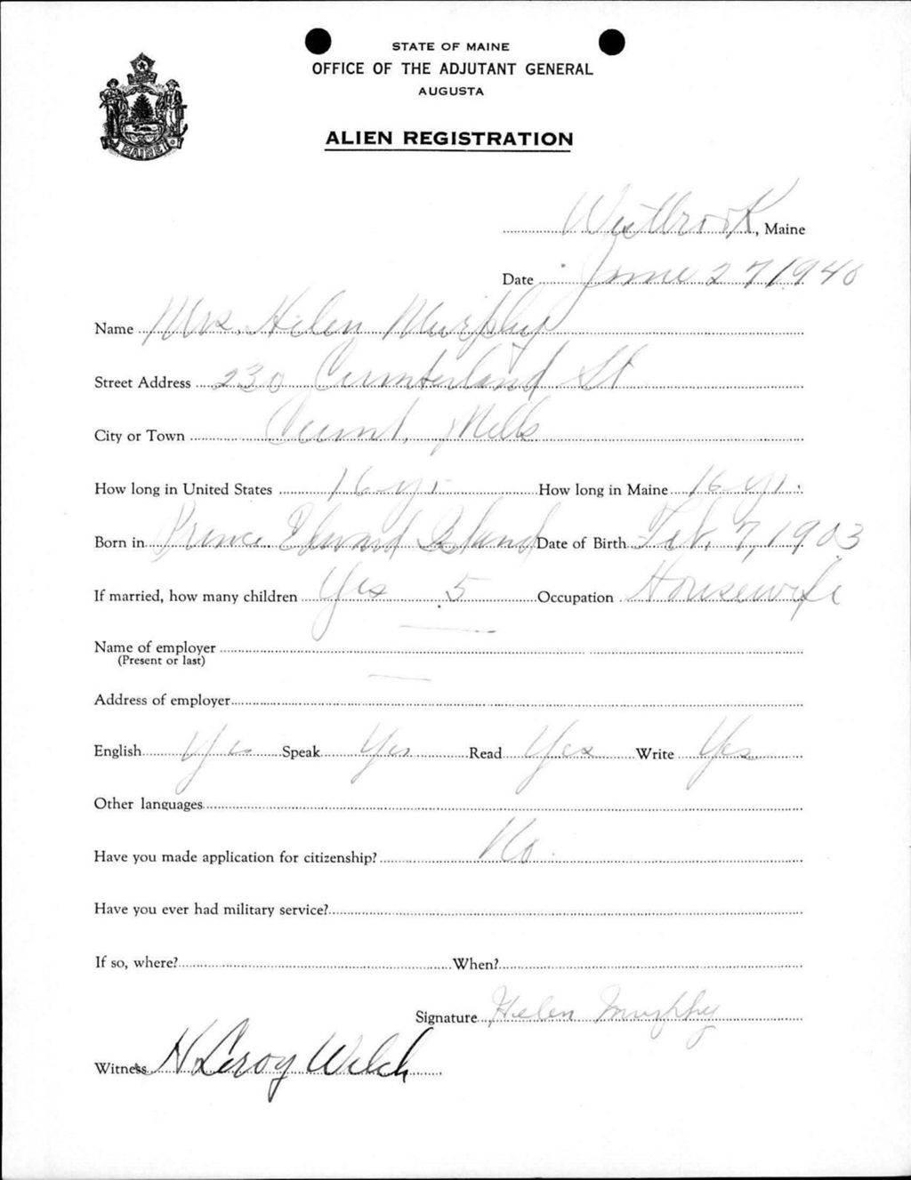 Miniature of Alien Registration- Murphy, Helen (Westbrook, Cumberland County)