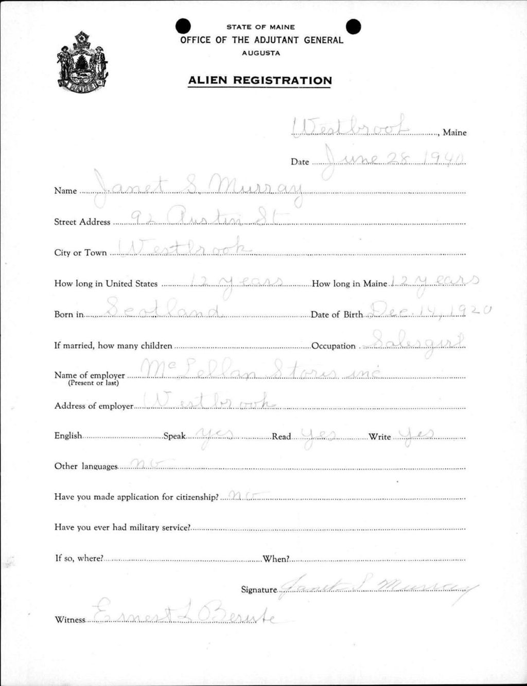 Miniature of Alien Registration- Murray, Janet S. (Westbrook, Cumberland County)