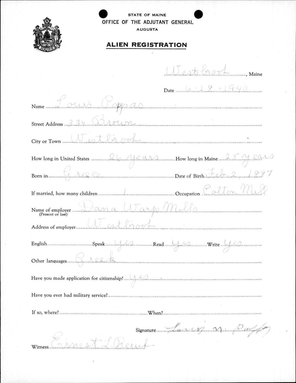 Miniature of Alien Registration- Pappas, Louis (Westbrook, Cumberland County)