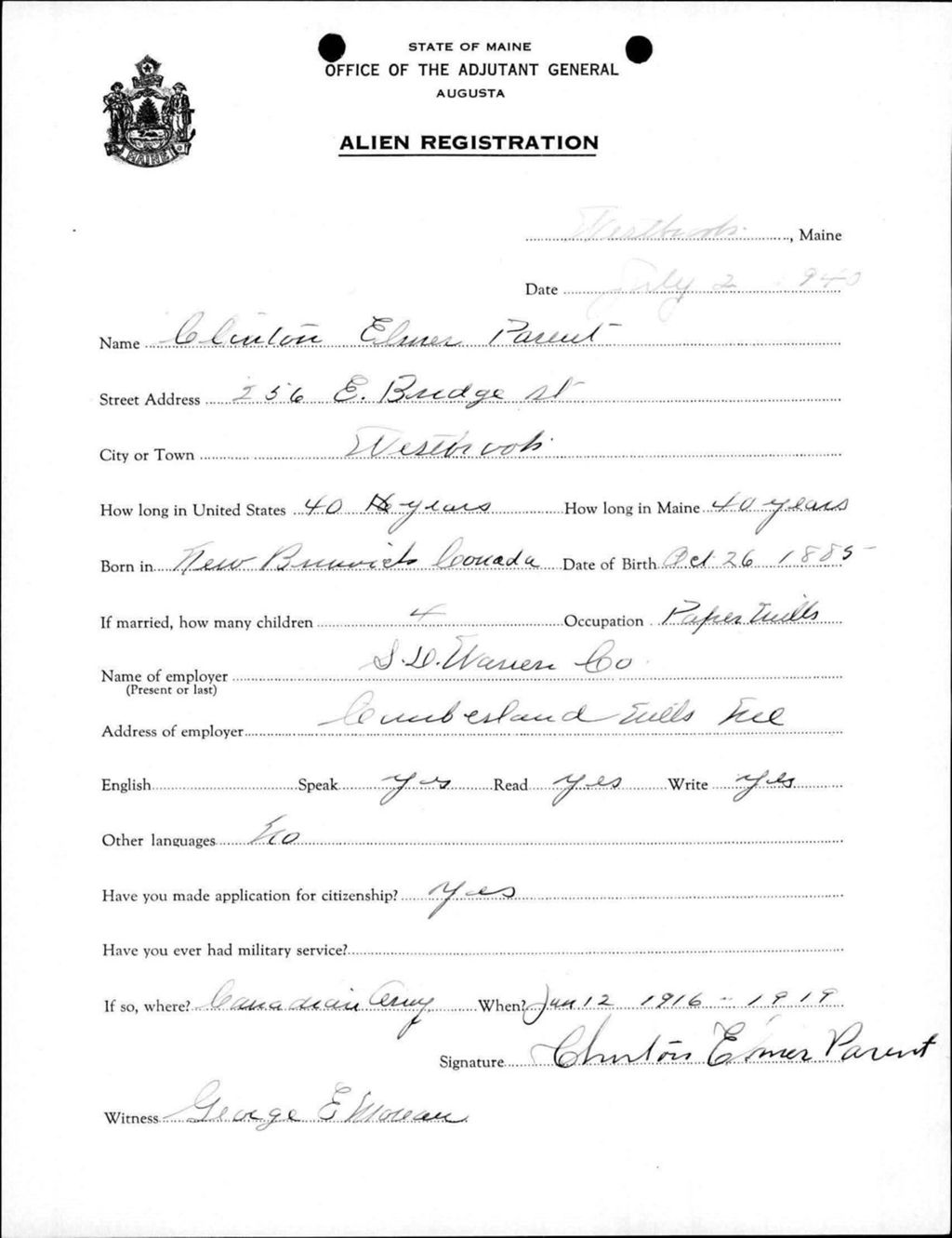Miniature of Alien Registration- Parent, Clareton E. (Westbrook, Cumberland County)
