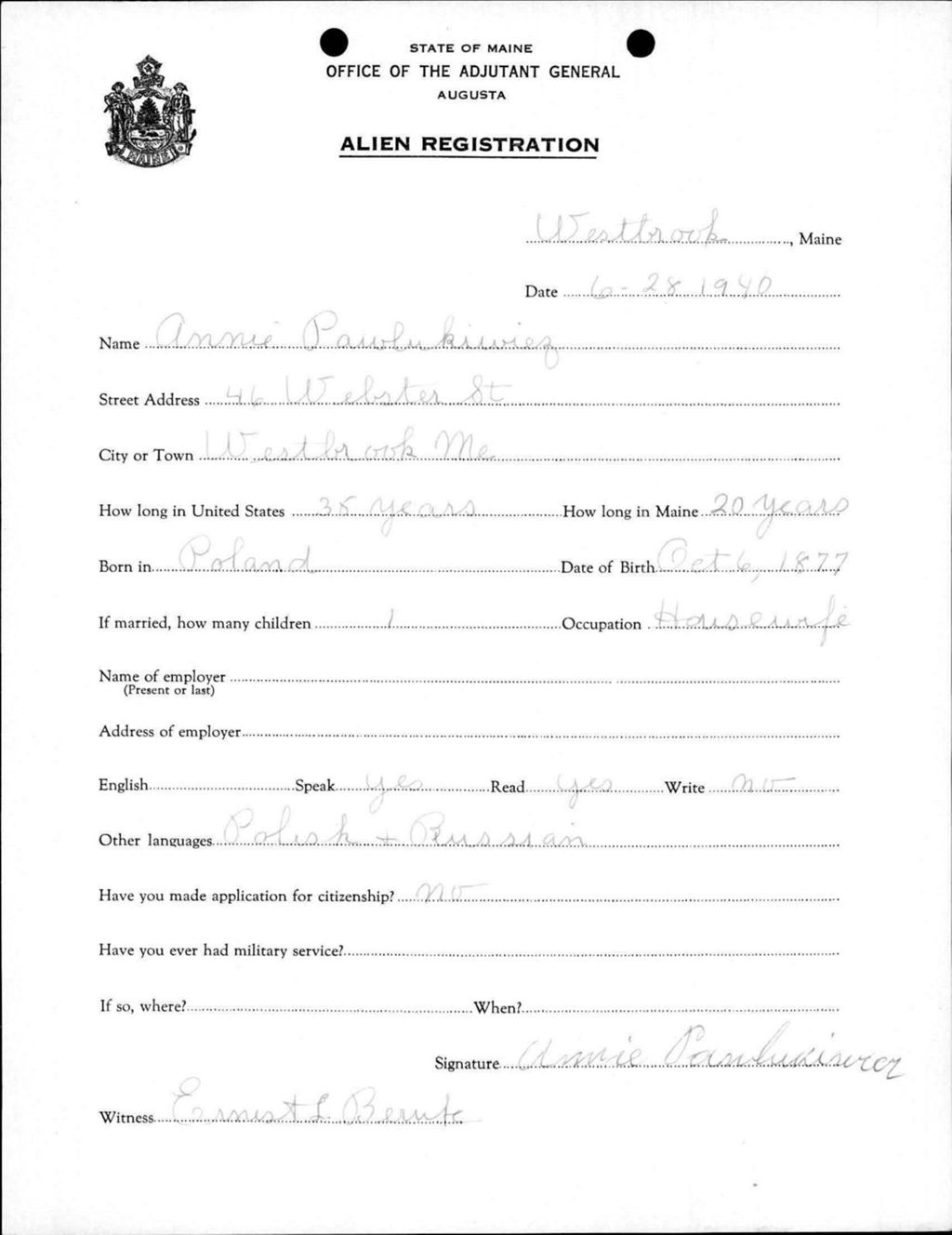 Miniature of Alien Registration- Panluaiwicz, Annie (Westbrook, Cumberland County)