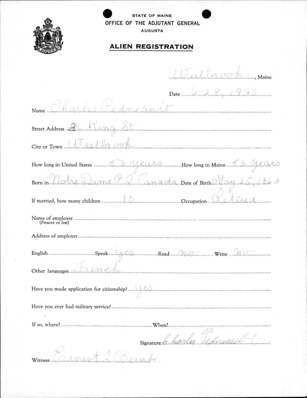Miniature of Alien Registration- Pedneault, Charles (Westbrook, Cumberland County)