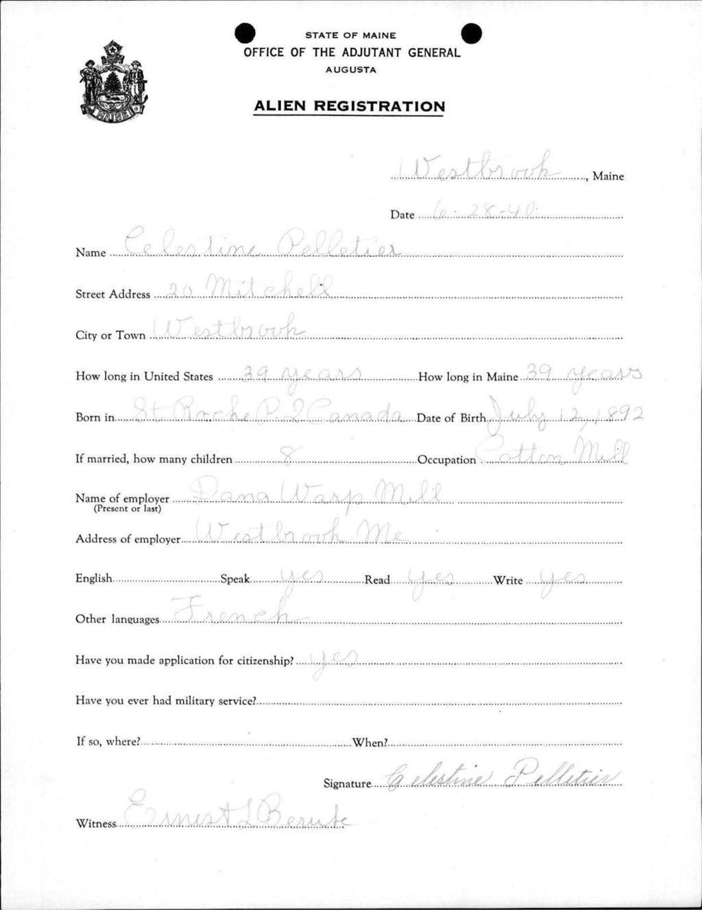 Miniature of Alien Registration- Pelletier, Celestine (Westbrook, Cumberland County)