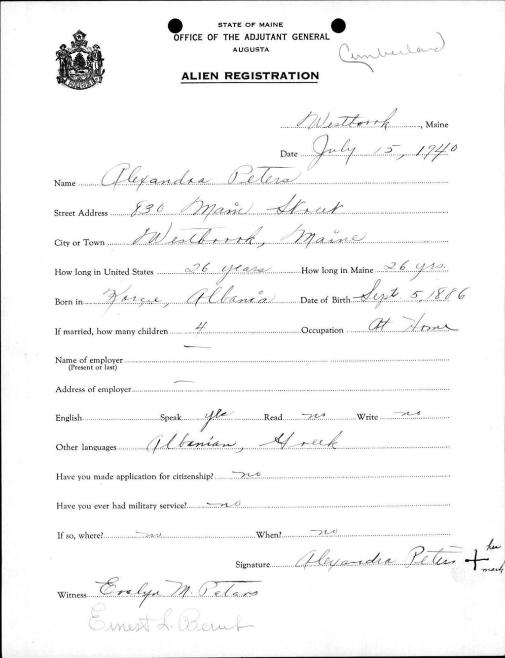 Miniature of Alien Registration- Peters, Alexandra (Westbrook, Cumberland County)