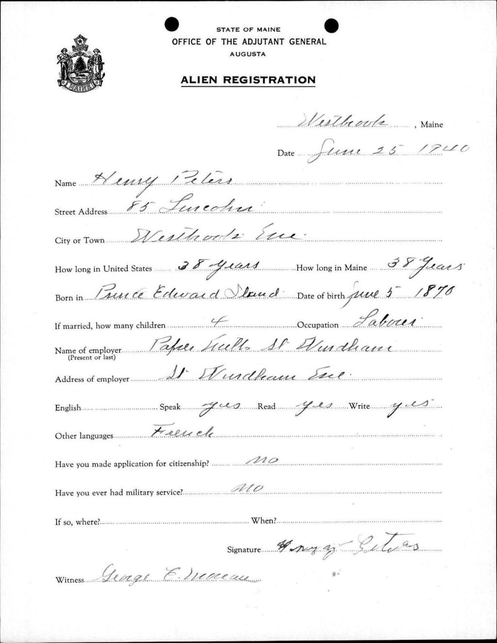 Miniature of Alien Registration- Peters, Henry (Westbrook, Cumberland County)