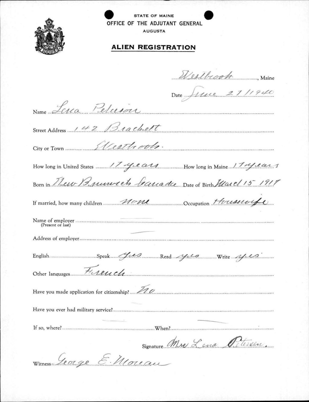 Miniature of Alien Registration- Peterson, Lena (Westbrook, Cumberland County)