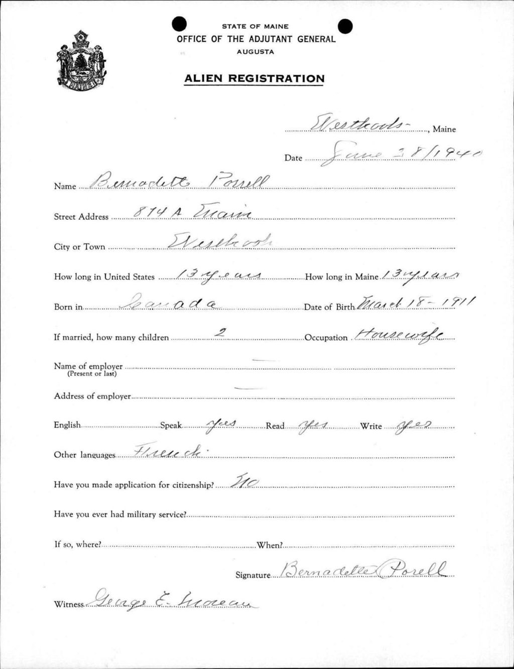Miniature of Alien Registration- Porell, Bernadette (Westbrook, Cumberland County)
