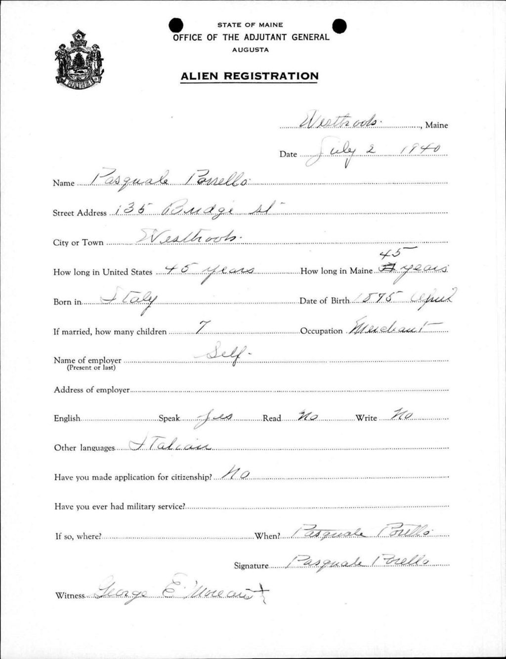 Miniature of Alien Registration- Porello, Pasquale (Westbrook, Cumberland County)