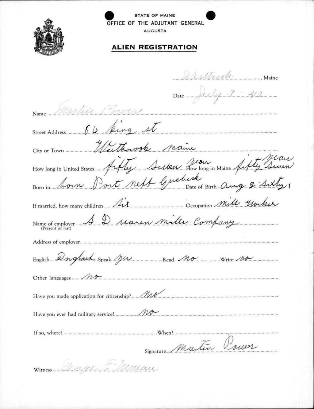 Miniature of Alien Registration- Power, Martin (Westbrook, Cumberland County)
