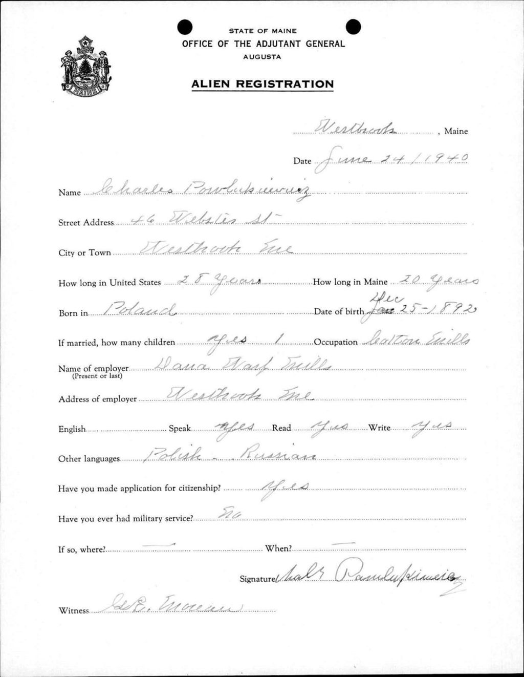 Miniature of Alien Registration- Powlukiwicz, Charles (Westbrook, Cumberland County)