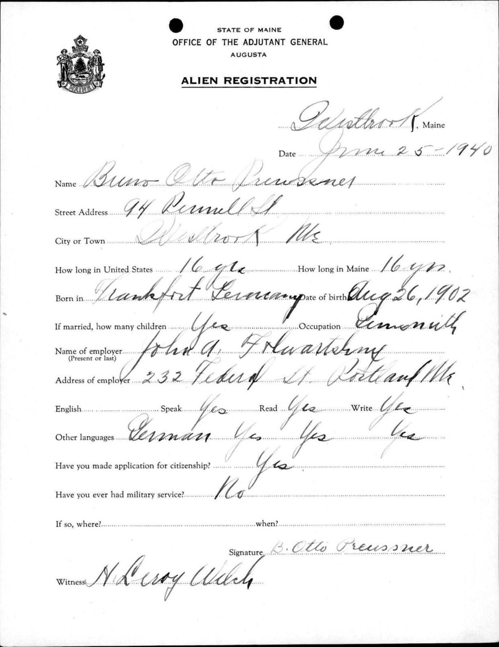 Miniature of Alien Registration- Preussner, Bruno O. (Westbrook, Cumberland County)
