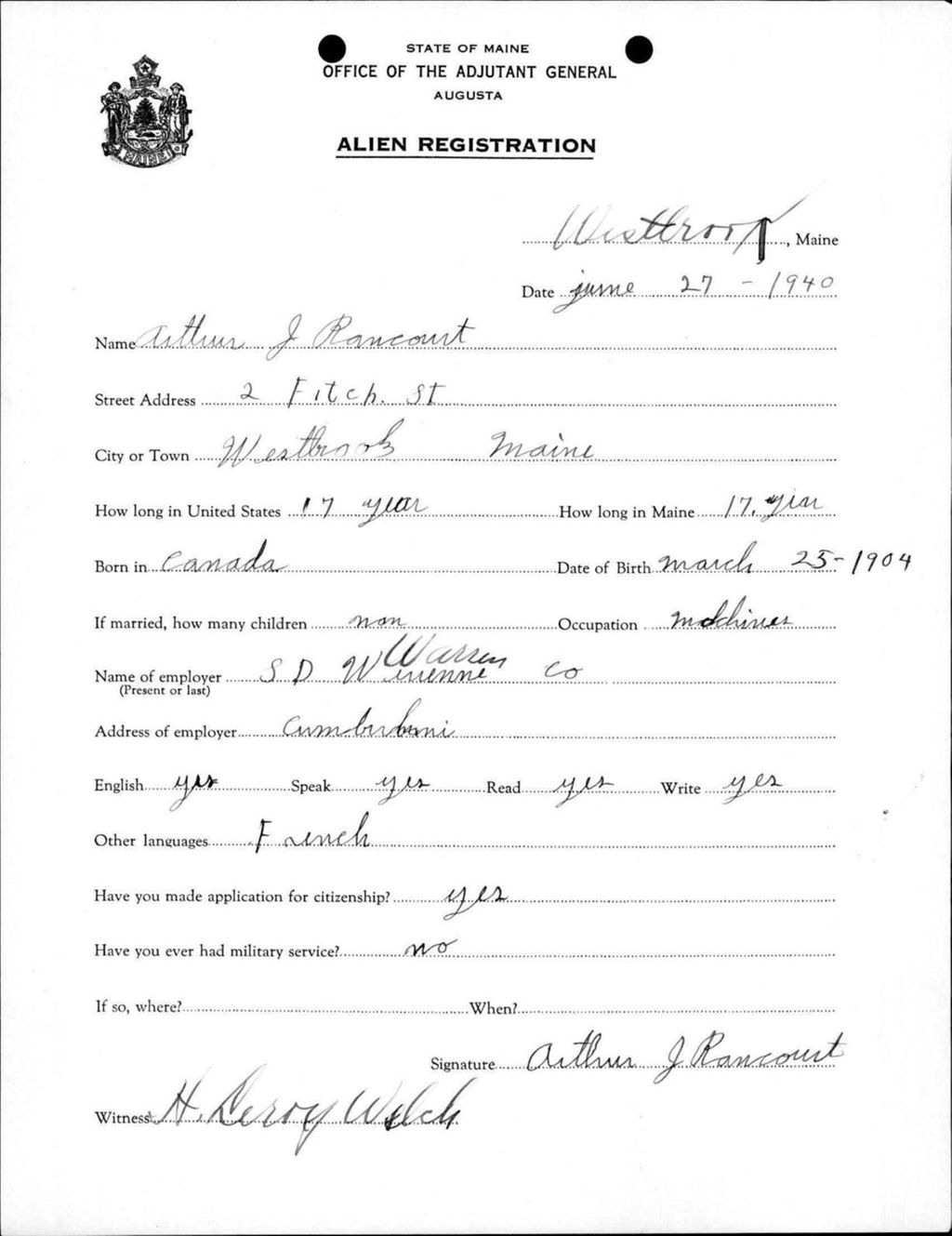 Miniature of Alien Registration- Rancourt, Arthur J. (Westbrook, Cumberland County)