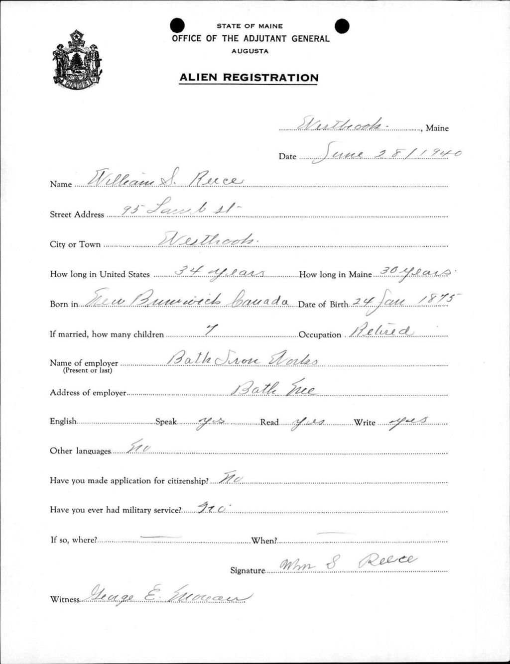 Miniature of Alien Registration- Reece, William S. (Westbrook, Cumberland County)