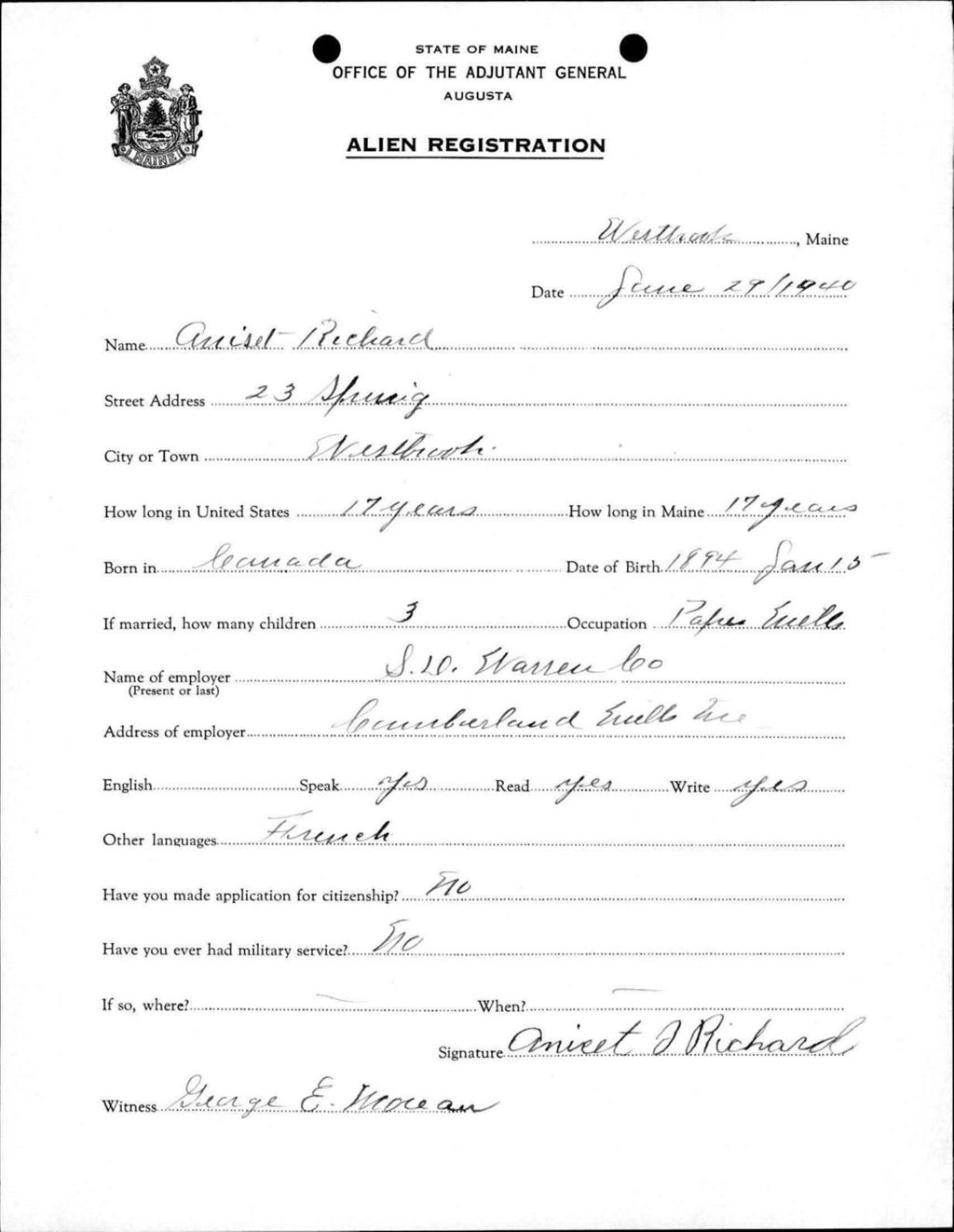 Miniature of Alien Registration- Richard, Aniset (Westbrook, Cumberland County)