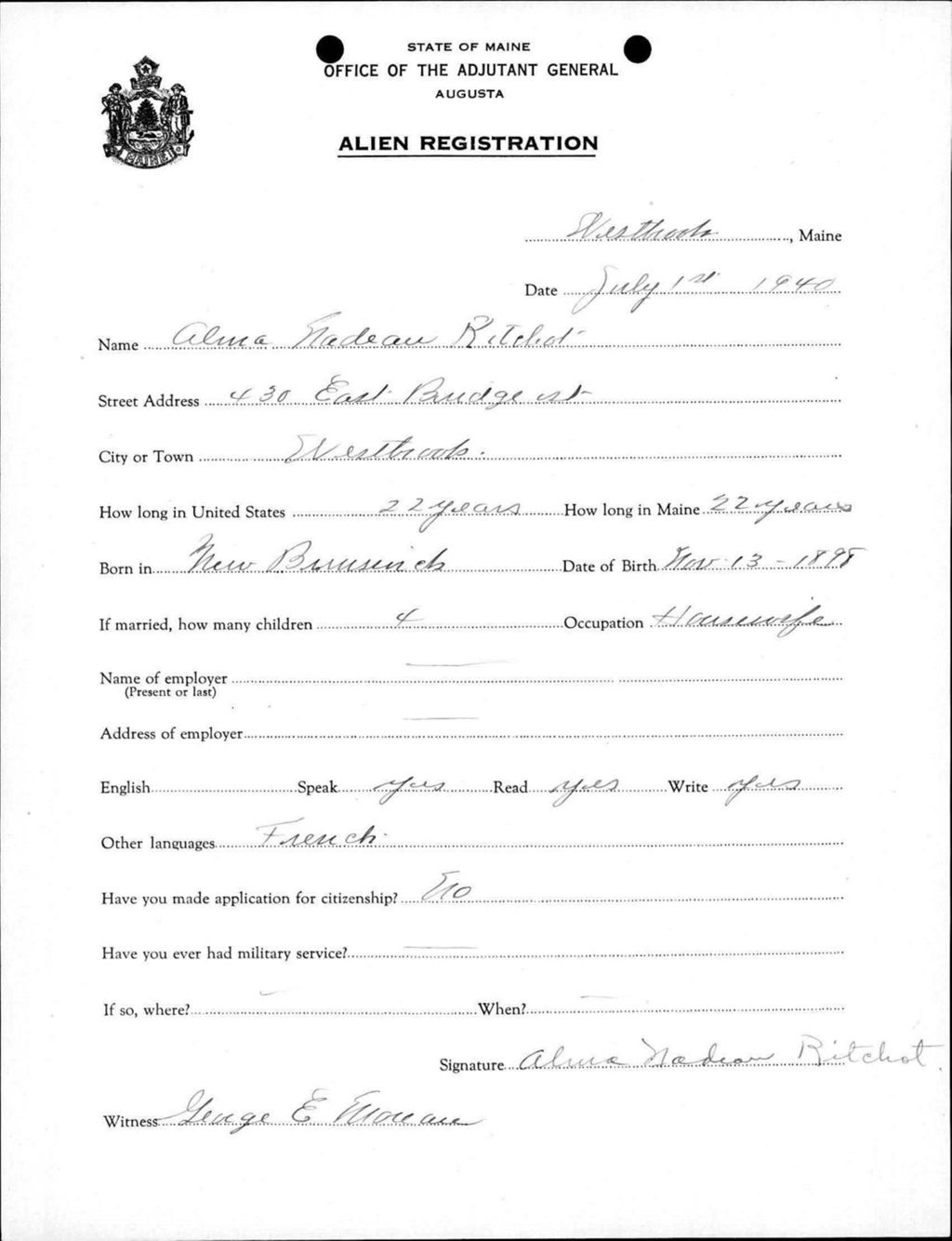 Miniature of Alien Registration- Nadeau, Alma (Westbrook, Cumberland County)