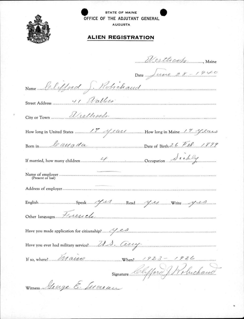 Miniature of Alien Registration- Robichaud, Clifford J. (Westbrook, Cumberland County)