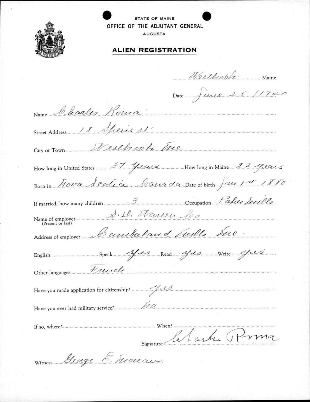Miniature of Alien Registration- Roma, Charles (Westbrook, Cumberland County)