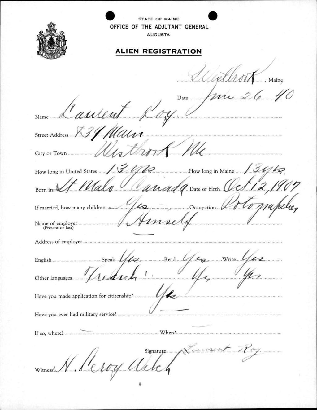 Miniature of Alien Registration- Roy, Laurent (Westbrook, Cumberland County)