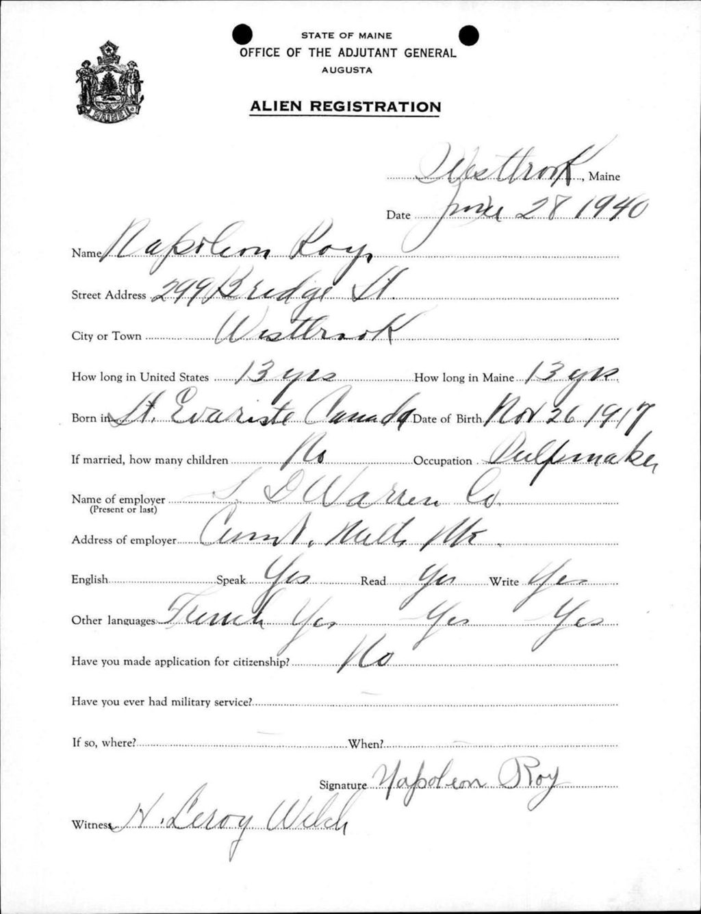 Miniature of Alien Registration- Roy, Napoleon (Westbrook, Cumberland County)